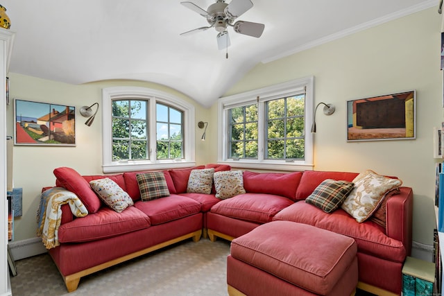 living area with a baseboard heating unit, lofted ceiling, a ceiling fan, and crown molding