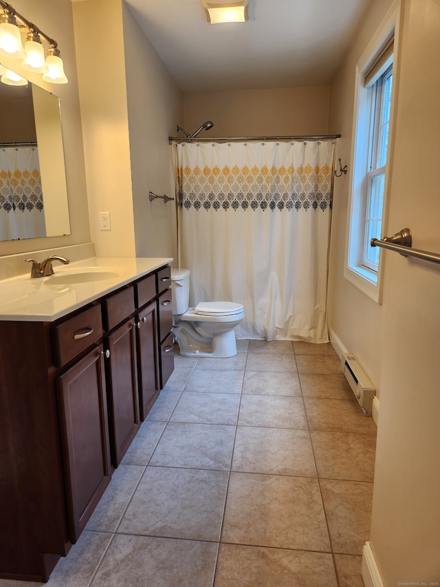 bathroom with a shower with shower curtain, tile patterned flooring, toilet, a baseboard radiator, and vanity