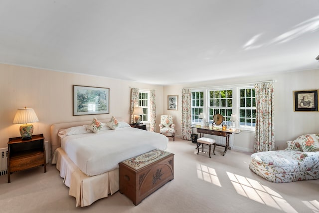 carpeted bedroom featuring radiator heating unit