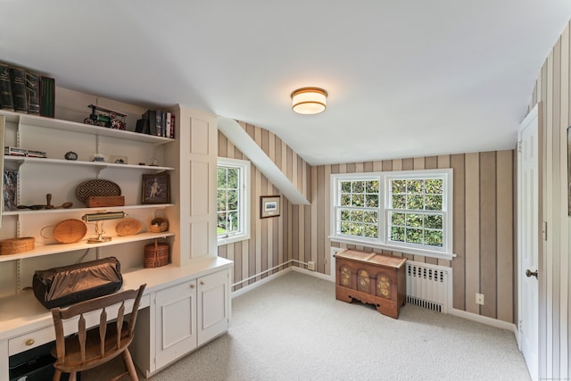 carpeted office space with radiator heating unit