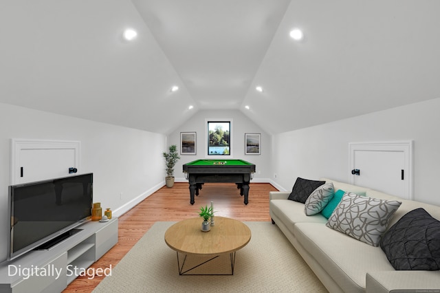 rec room with pool table, light wood-type flooring, and vaulted ceiling