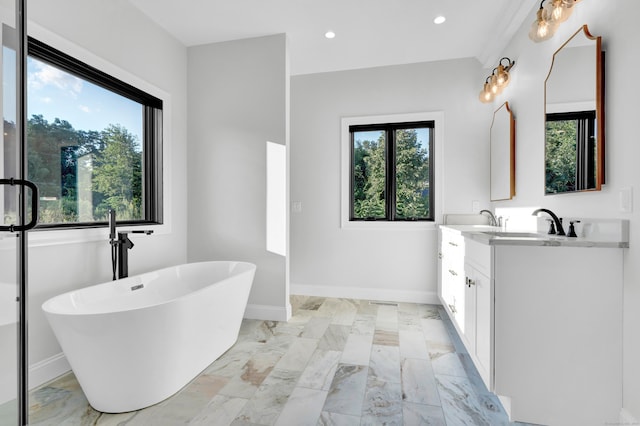 bathroom featuring vanity and a washtub