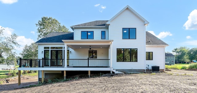 rear view of house with a deck, ceiling fan, and central air condition unit