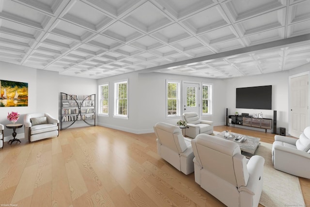 living room with coffered ceiling, light wood-type flooring, and plenty of natural light