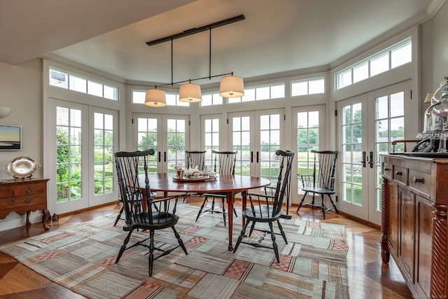 dining area featuring french doors and light hardwood / wood-style flooring