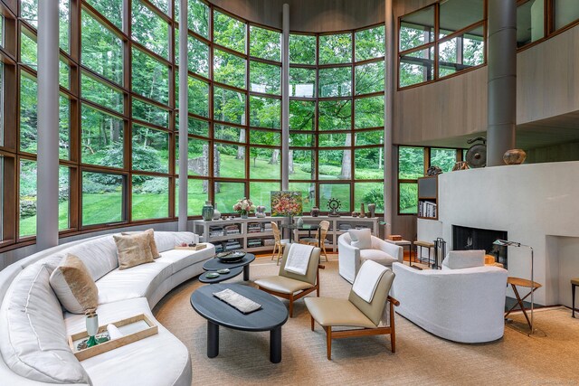 23 Mauwee Brook Way, Kent, CT 06757 - living room featuring a towering ceiling and carpet flooring