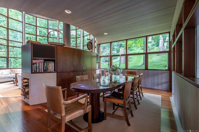 23 Mauwee Brook Way, Kent, CT 06757 - dining area with wood finished floors, wooden ceiling, recessed lighting, and lofted ceiling