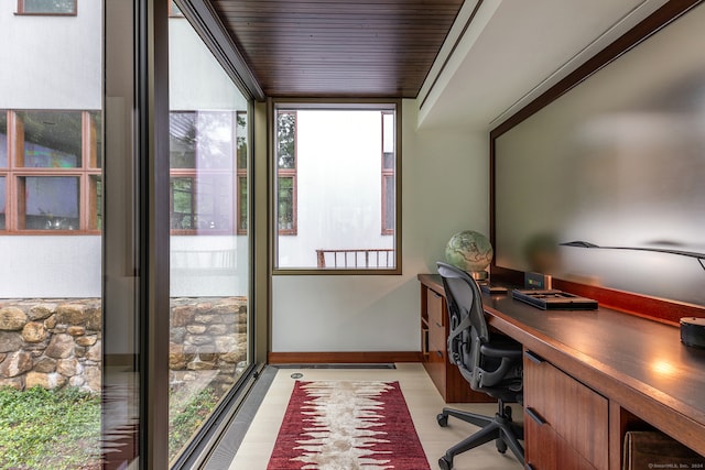 home office with wood ceiling