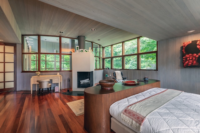 bedroom with wood-type flooring and wood ceiling