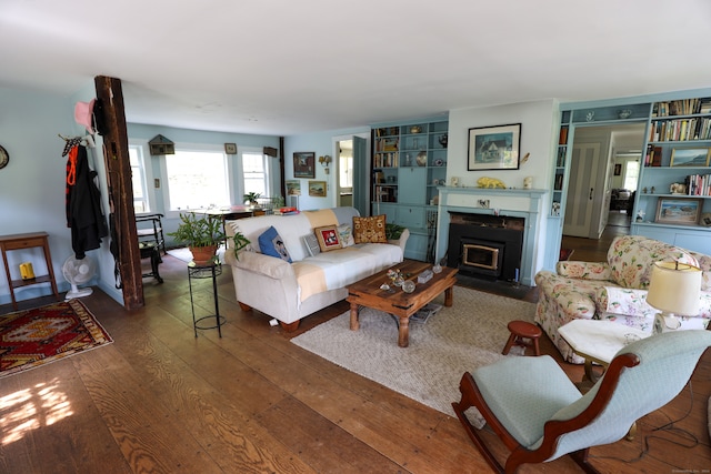 living room with dark hardwood / wood-style flooring