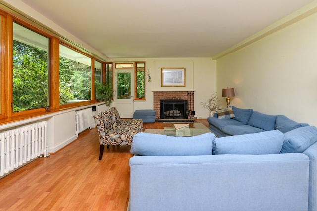 living room with light hardwood / wood-style flooring, radiator, and a brick fireplace