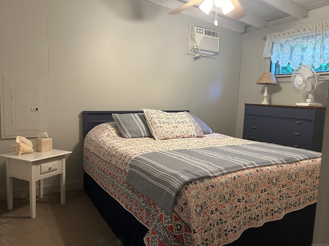 carpeted bedroom with beam ceiling, a wall unit AC, electric panel, and ceiling fan