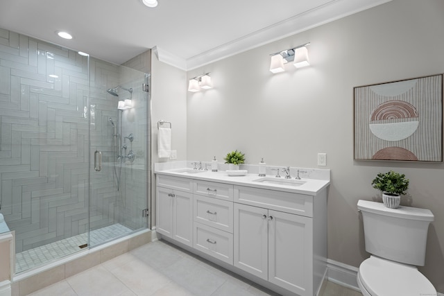 bathroom with crown molding, toilet, an enclosed shower, tile patterned floors, and dual vanity