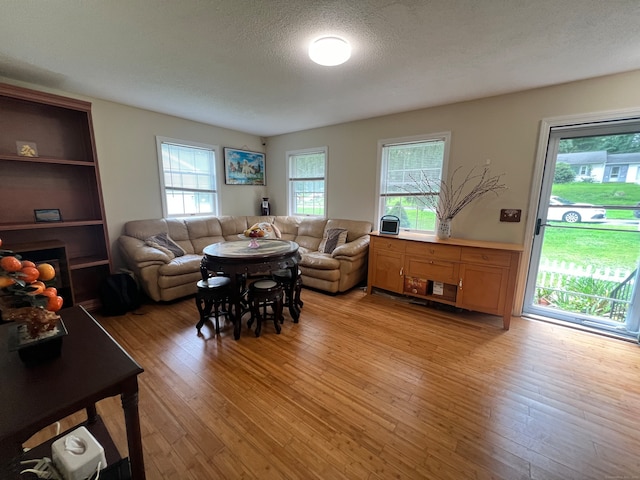 living room featuring a textured ceiling, light wood-type flooring, and plenty of natural light