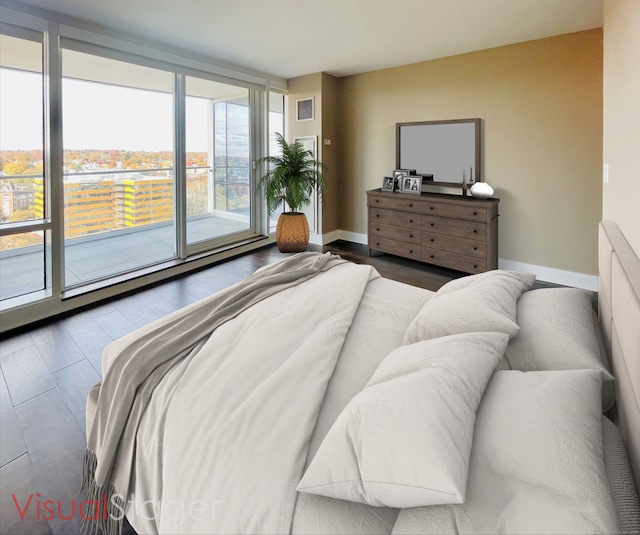 bedroom with expansive windows, access to outside, visible vents, and baseboards