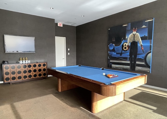 playroom with pool table and carpet flooring