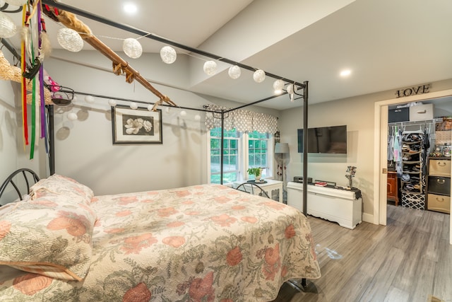 bedroom featuring wood-type flooring and a closet