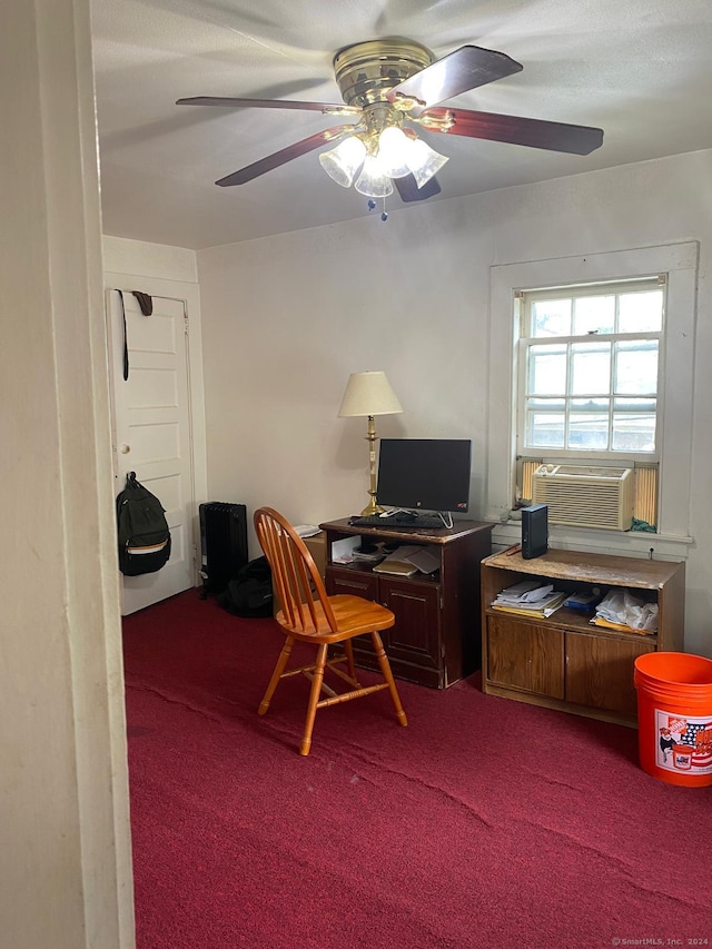 carpeted office space with cooling unit and ceiling fan