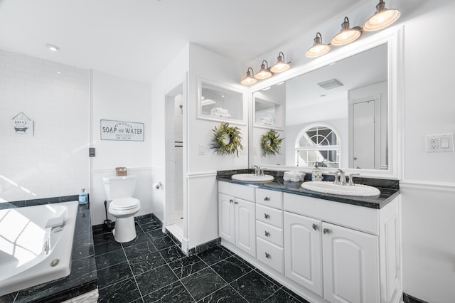 bathroom featuring toilet, a shower, and vanity