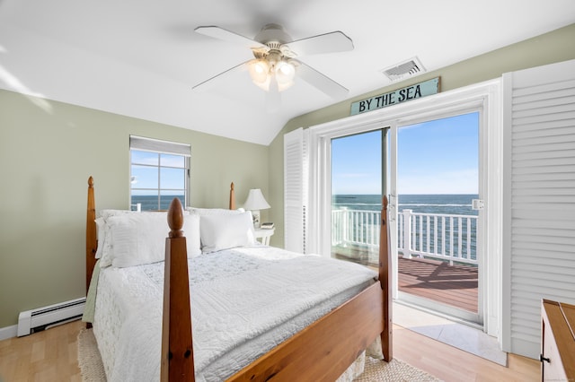 bedroom with a baseboard radiator, access to outside, a water view, ceiling fan, and light hardwood / wood-style flooring