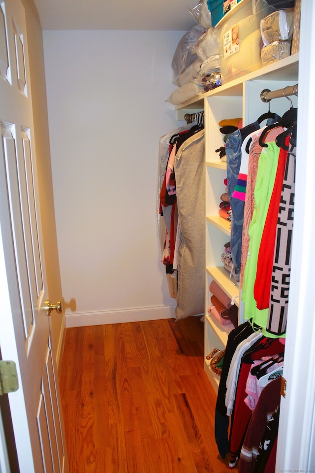 spacious closet with dark hardwood / wood-style flooring