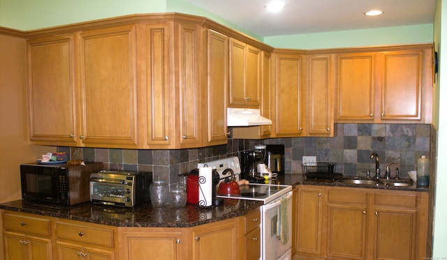 kitchen with sink, decorative backsplash, white range with electric stovetop, and dark stone counters