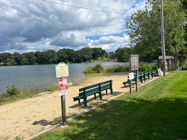 view of community featuring a water view and a yard