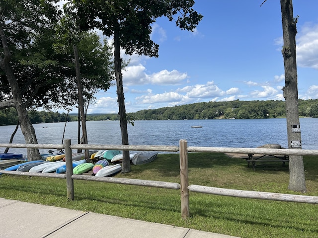 dock area featuring a water view and a yard