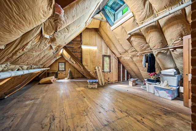 unfinished attic featuring a skylight