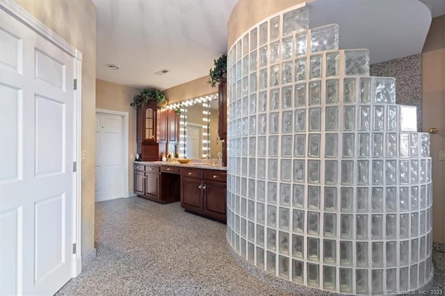 bathroom featuring a shower and vanity