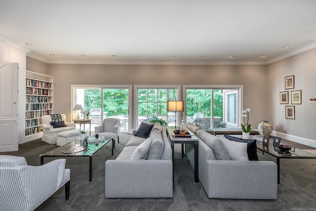 carpeted living room with ornamental molding