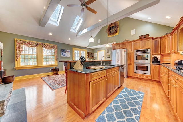 kitchen featuring light hardwood / wood-style flooring, a skylight, decorative light fixtures, stainless steel appliances, and an island with sink