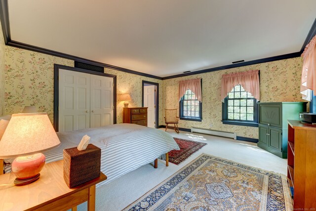 bedroom featuring light carpet, baseboard heating, and crown molding