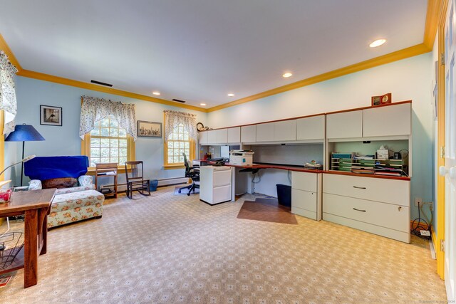 carpeted office featuring ornamental molding