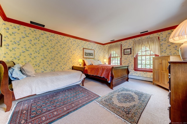 carpeted bedroom with baseboard heating and ornamental molding