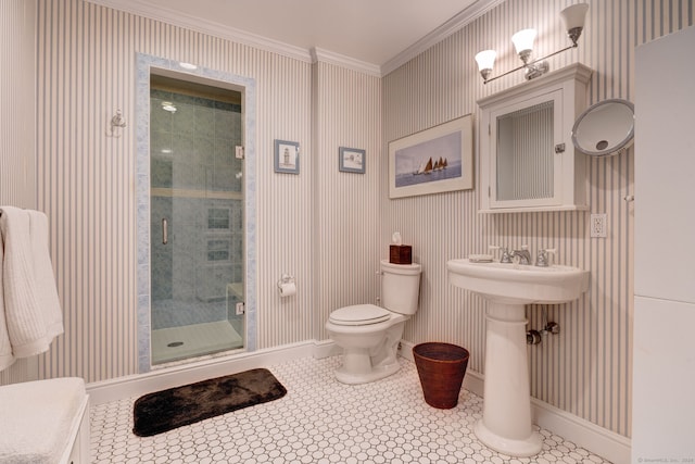 bathroom featuring ornamental molding, an enclosed shower, toilet, and tile patterned floors