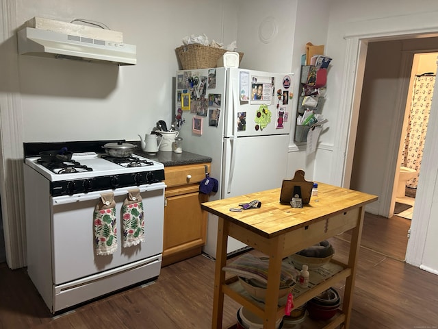 kitchen with dark hardwood / wood-style flooring and white appliances