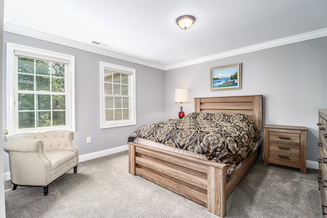 carpeted bedroom featuring ornamental molding