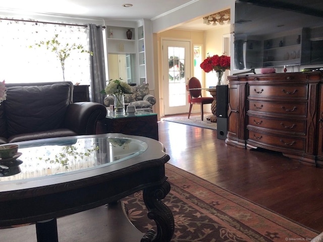 living room featuring wood-type flooring and crown molding