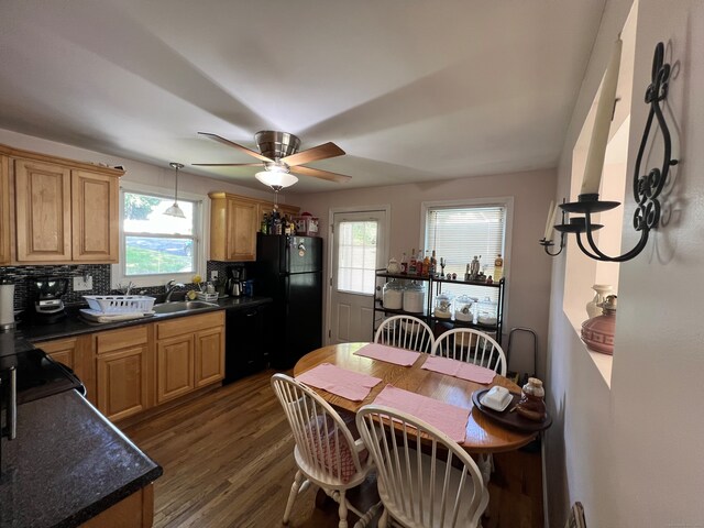 kitchen with ceiling fan, a healthy amount of sunlight, black appliances, and tasteful backsplash