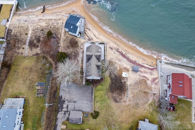 aerial view featuring a water view and a beach view