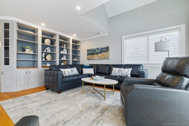 living room with vaulted ceiling and light wood-type flooring