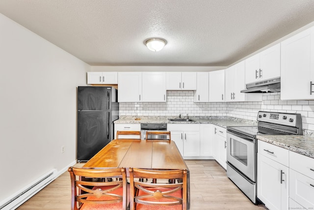 kitchen with light wood-type flooring, baseboard heating, electric range, dishwasher, and black refrigerator