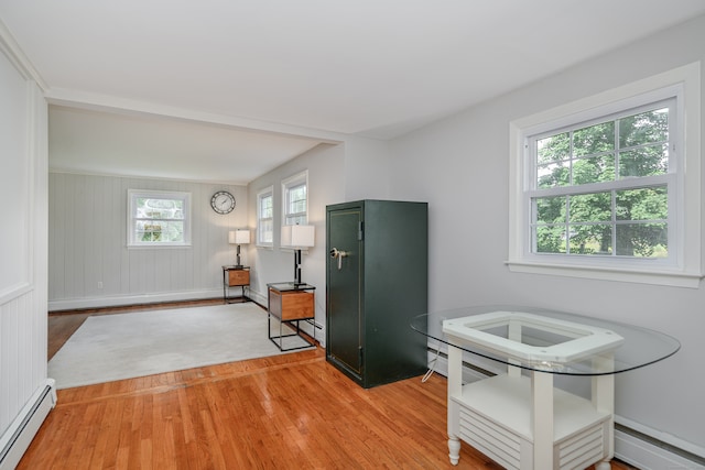 interior space featuring light hardwood / wood-style floors, a baseboard heating unit, and a wealth of natural light