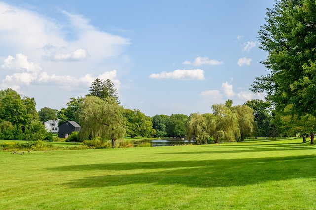 view of home's community with a lawn and a water view