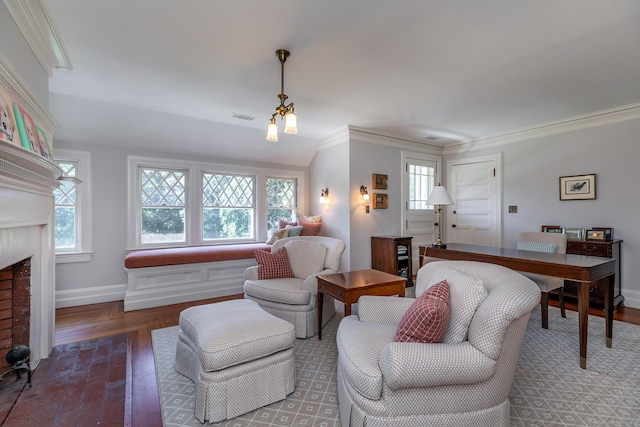 51 Ferry Bridge Rd, Washington, CT 06793 - living room featuring ornamental molding, healthy amount of natural light, and a brick fireplace