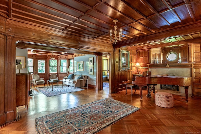 51 Ferry Bridge Rd, Washington, CT 06793 - living room with wood ceiling, wooden walls, and a chandelier