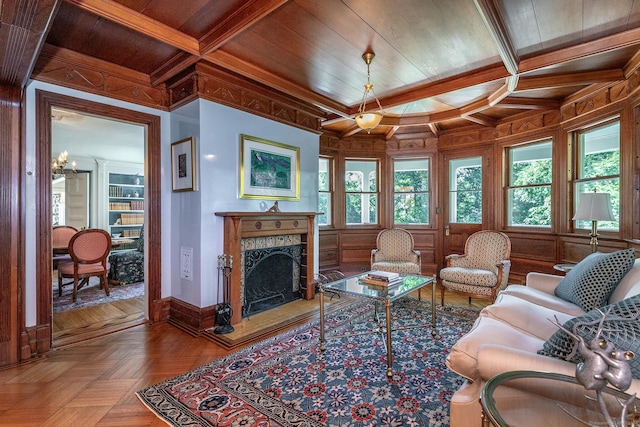 51 Ferry Bridge Rd, Washington, CT 06793 - living room with a wooden ceiling with exposed beams, healthy amount of natural light, a premium fireplace, wood walls, and crown molding