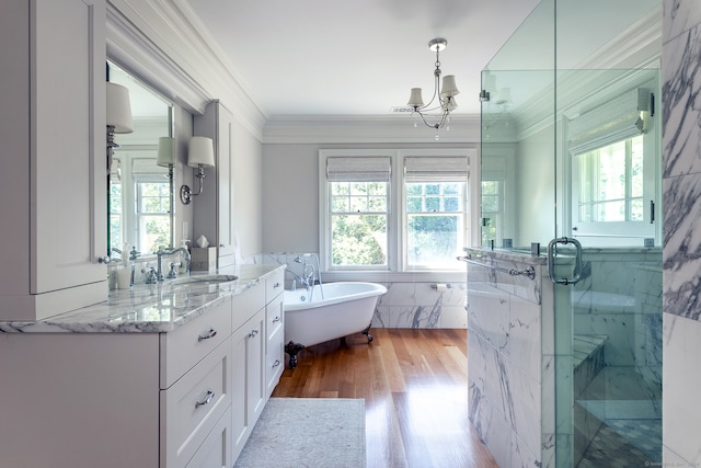 bathroom featuring crown molding, vanity, hardwood / wood-style flooring, and plus walk in shower