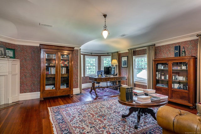 51 Ferry Bridge Rd, Washington, CT 06793 - office area with wallpapered walls, hardwood / wood-style flooring, and crown molding